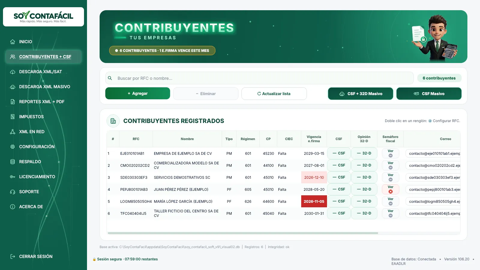 Lista de contribuyentes de ejemplo con su vigencia de e.firma en colores