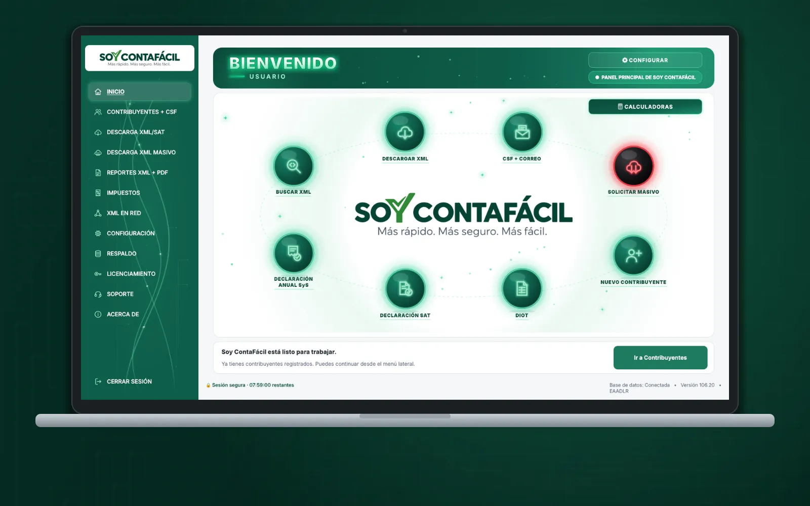 Soy ContaFácil abierto en una laptop: la pantalla de inicio con sus accesos directos