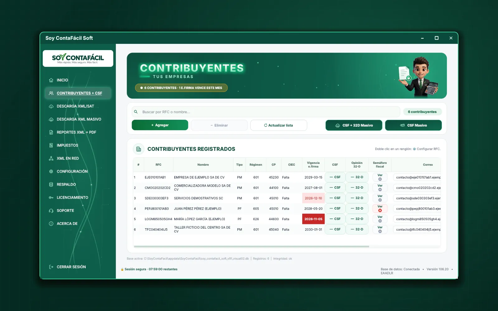 Ventana de Soy ContaFácil con la lista de contribuyentes de ejemplo